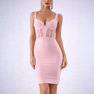 Pastel Pink Bandage Dress with Corset Bust & V-Metal Detail – Bodycon Midi